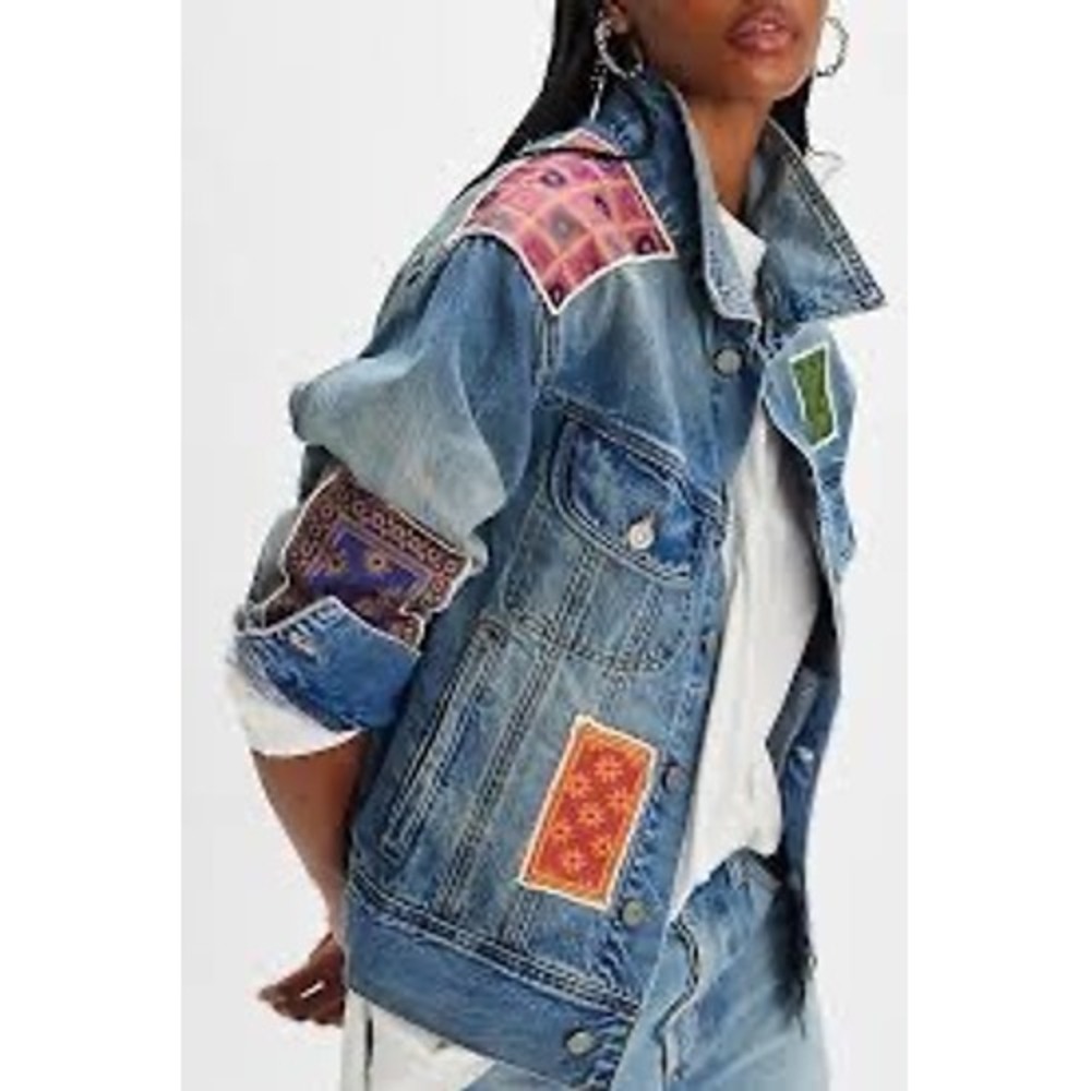 Free People Found Kantha Patchwork Denim Trucker Jacket Blue Oversized Small